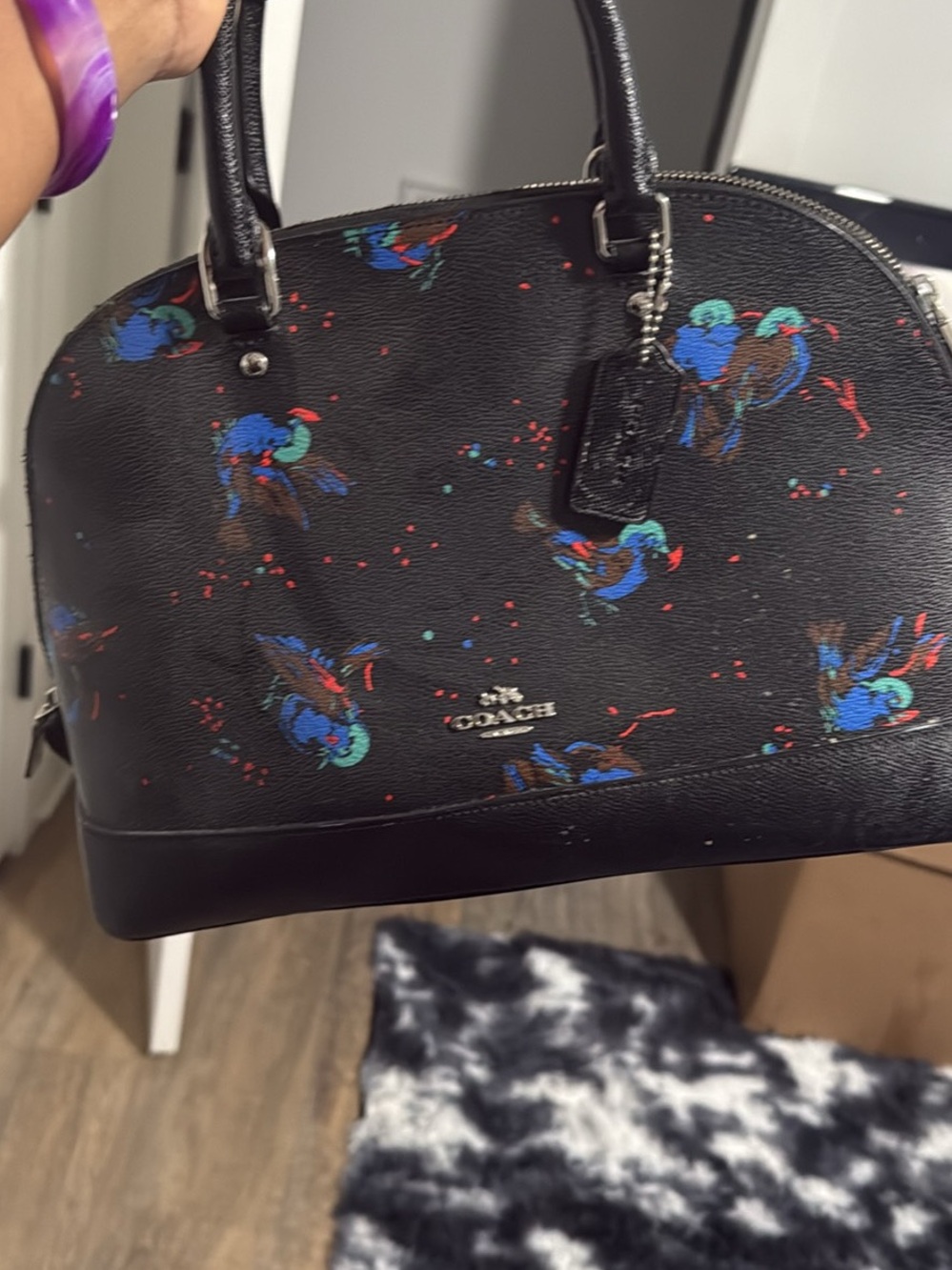 Coach Black Dome Satchel with Blue, Green & Red Floral Accents